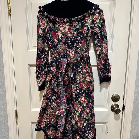 Vtg Bonnie Jean Girls Floral Prairie Dress Puff Sleeve Velvet Cottagecore Sz 14